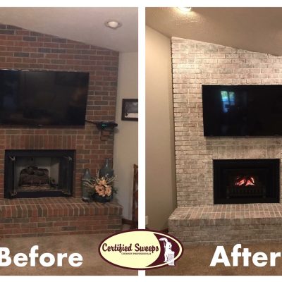 before and after collage of dated fireplace and remodeled fireplace